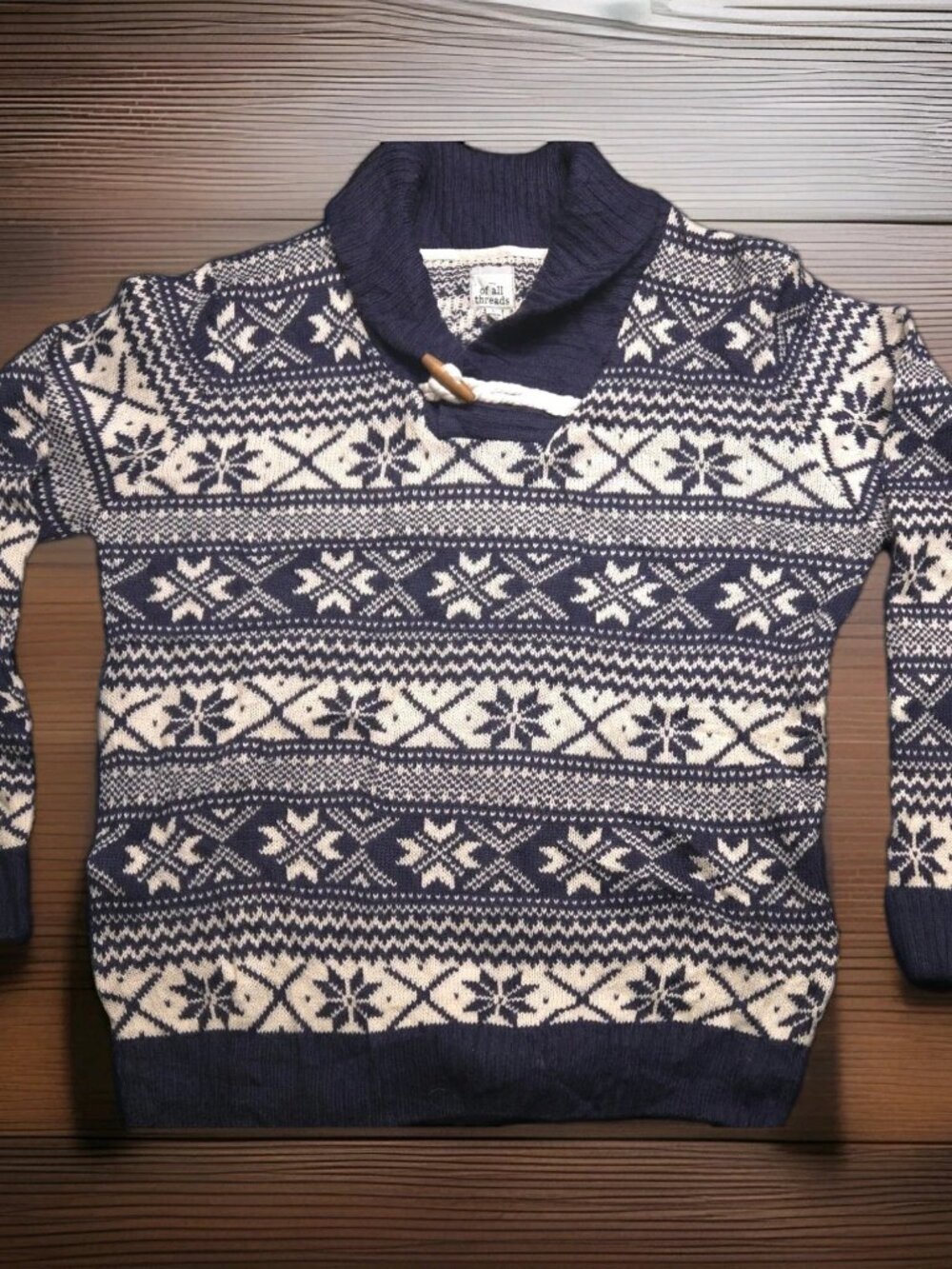 VTG Of All Threads Large Men's Shawl Collar Nordic Fair Isle Sweater